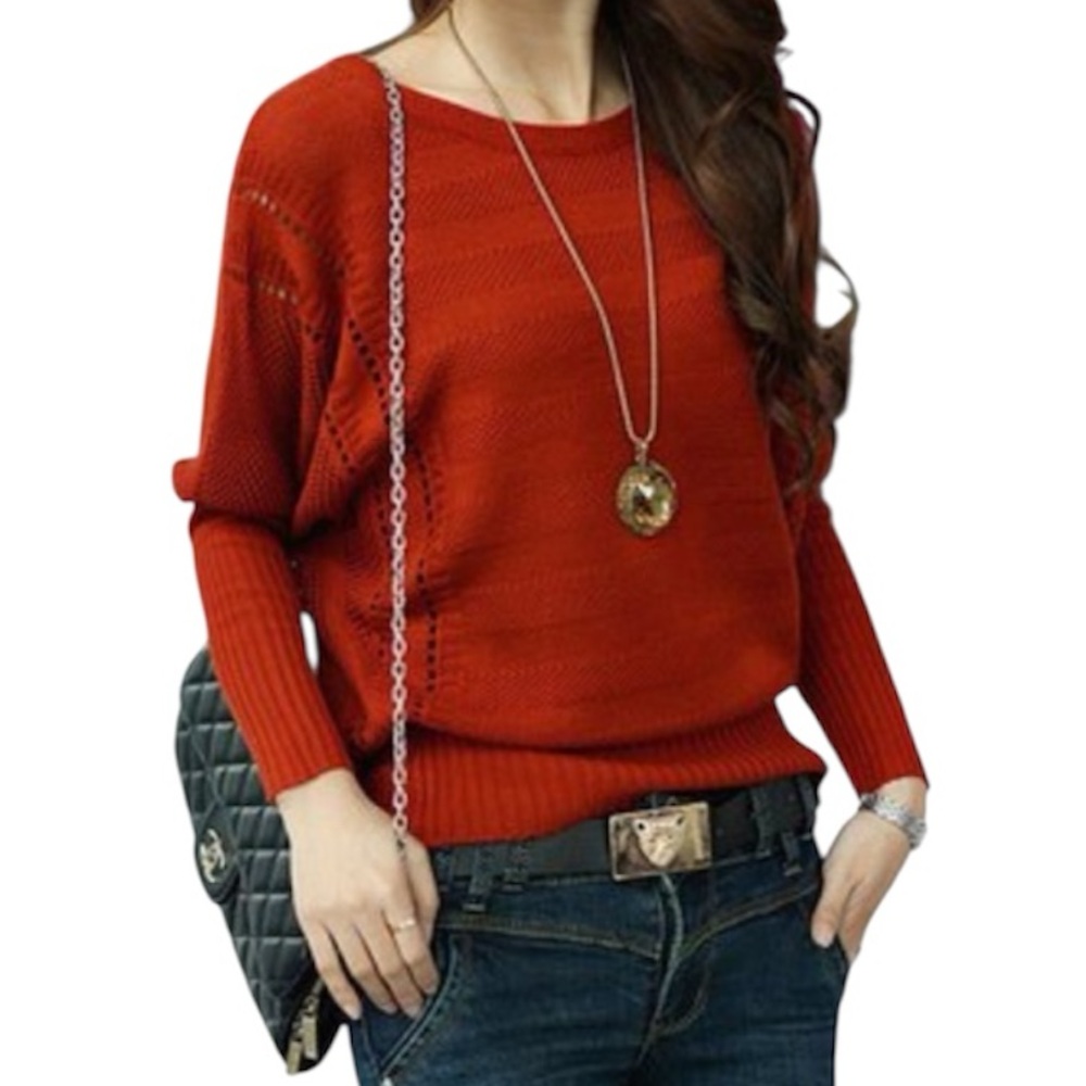 🔴 Elegant Rust Batwing Crew Neck Solid Knitted Women's Sweater